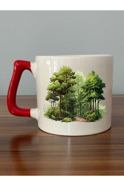 lili hediyelik Forest Printed Red Handled Mug Cup - Ceramic Tea, Coffee Gift Cup
