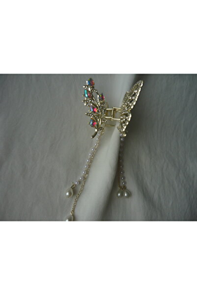 Beyaz Dükkan WHITE DUCK STONE PEARL CHAIN DANGLE BUTTERFLY METAL LATCH BUCKLE