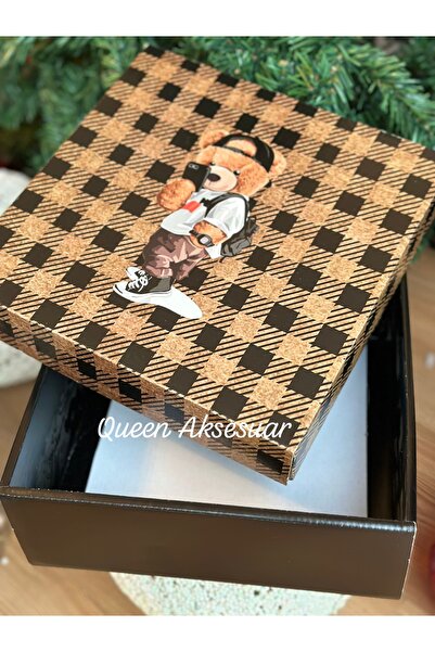 QUEEN AKSESUAR İthal lüks büyük ekose kare teddy bear ayıcık desenli sert kal...