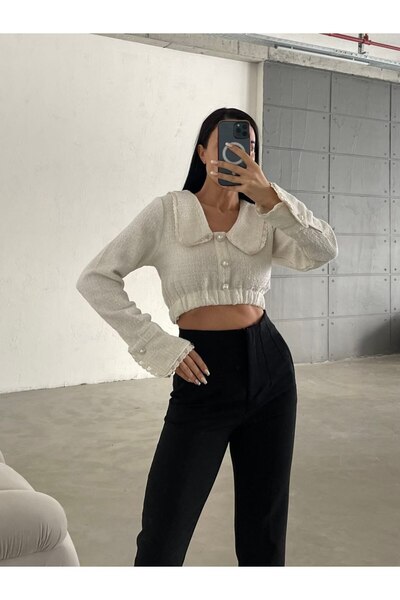 LB Laluna Butik Women's Baby Collar Pearl Button Detailed Blouse Tweed Fabric