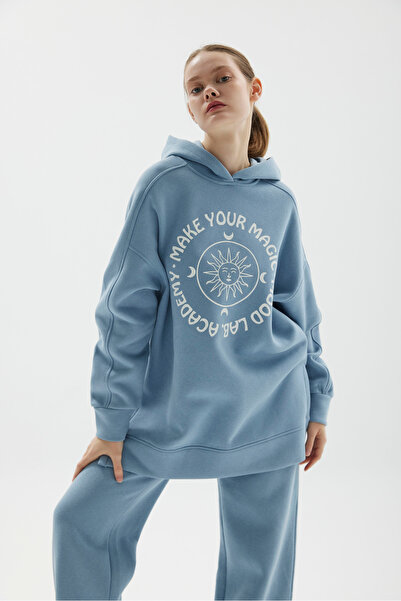 Mood Lab UZUN TUNIC BOY OVERSIZE KAPŞONLU BASKILI YIRTMAÇLI SWEATSHIRT