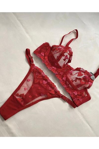 huupps Set sutien și lenjerie intima cu dantelă roșie și sârmă