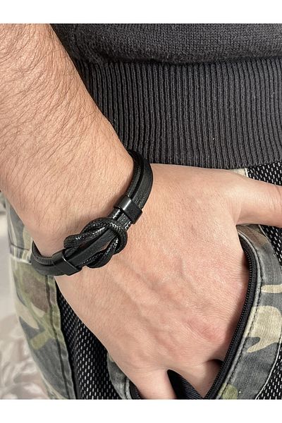 Farah Butik Men's Leather Infinity Sign Bracelet Black Magnet Buckle-Gift Bracelet