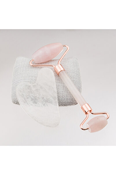 Taşta Moda Pembe ve Kristal Kuvars Taşı Yüz Masaj Aleti Seti-Roller ve Gua Sha
