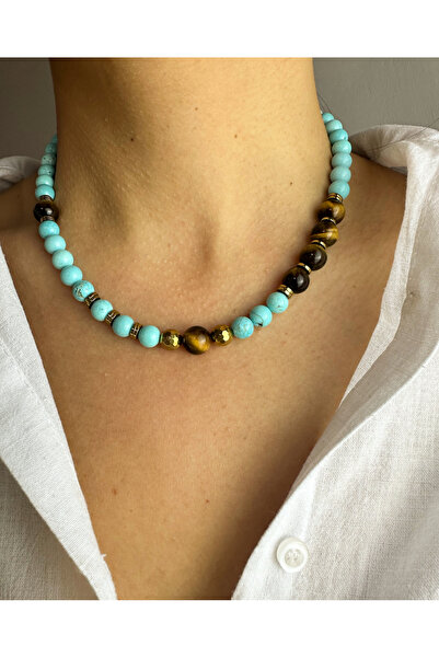 Hazeran accessories Firuze ( Turkuaz ) Taşlı Kaplan Gözü Kolye