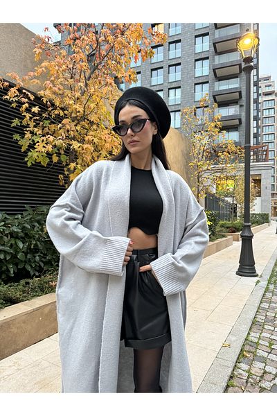 minaaise Cardigan moale, lung, supradimensionat, cu cusături murdare, gri 26257