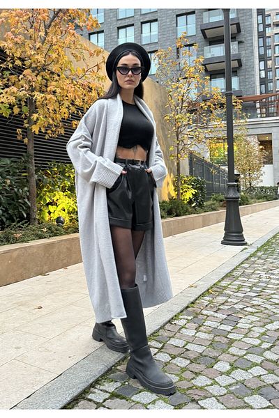 minaaise Cardigan moale, lung, supradimensionat, cu cusături murdare, gri 26257