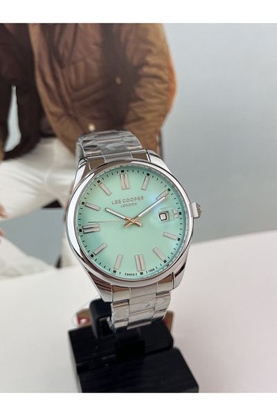 Lee Cooper TIFFANY BLUE MEN'S STEEL ARM CLOCK CALENDAR 5 ATM WATERPROOF