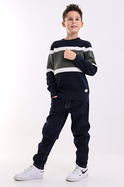 Matte İZMİR BOY'S NAVY BLUE CYCLING COLLAR STRIPED KNITWEAR SWEATER