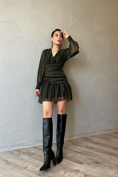 Seda Yalçın Atelier Khaki Patterned Padded Double Breasted Collar Chiffon Dress