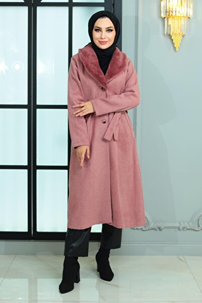 Modamihram Széles szőrmegallér, kasmír kabát Dusty Rose 19174