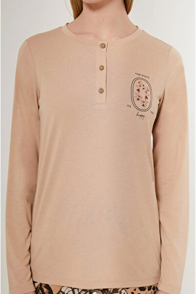 BSM Nap Time İs Happy Γυναικεία Σετ Πιτζάμες Μακρυμάνικο Μπισκότο Βισκόζης 3 Κουμπιών Υψηλής Ποιότητας