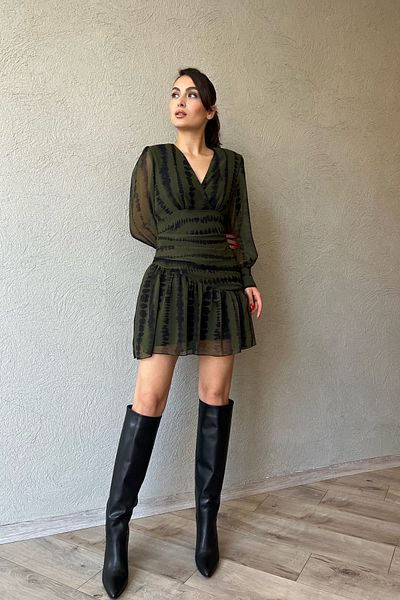 Seda Yalçın Atelier Khaki Patterned Padded Double Breasted Collar Chiffon Dress