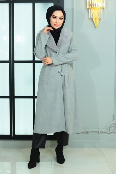 Modamihram Geniş Kürk Yakalı Kaşe Kaban Gri MİH19174