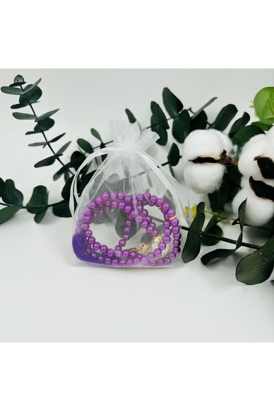 lenagiftworkshop 10 Μωβ Τσάντες Δώρου από Τούλι με Πέρλες Ροζάριο (ΜΕΒΛΙΔ-ΧΑΚ...