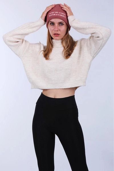 hazelin Women's Ecru Turtleneck Ribbed Crop Sweater HZL24W-BD1102171