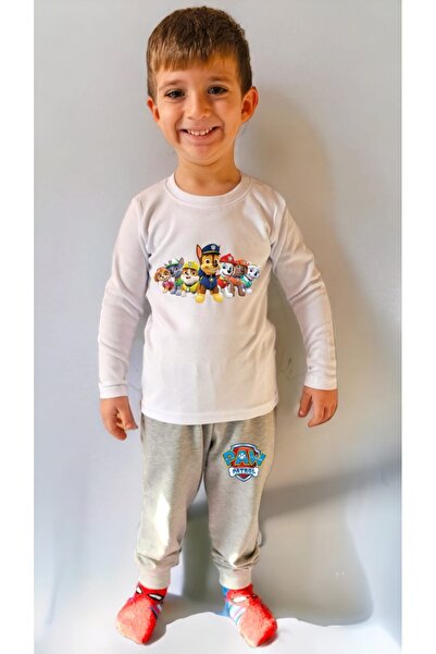 PHAMUK Bisiklet Yaka Uzun Kollu Beyaz Sweatshirt Gri Alt Eşofman Erkek Çocuk Paw Petrol Baskılı Pamuklu