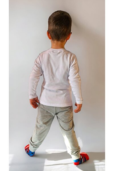 PHAMUK Bisiklet Yaka Uzun Kollu Beyaz Sweatshirt Gri Alt Eşofman Erkek Çocuk Paw Petrol Baskılı Pamuklu