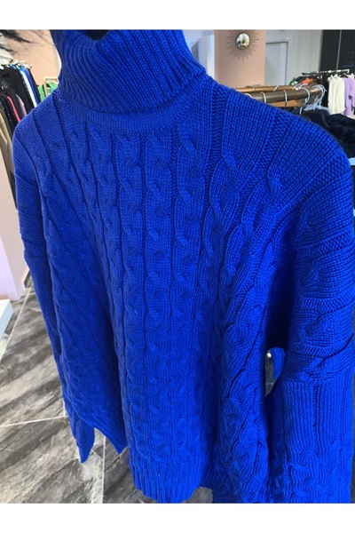 ÇİZGİ Balıkçı yaka saç örgüsü desenli sax mavi triko kazak