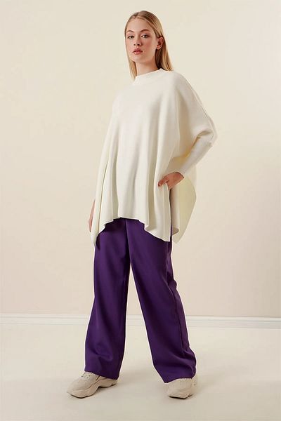 WOMAN VISION Ecru Knitwear Sweater - Side Slit Detail, Round Neck, Bat Sleeve, Oversize Wide Fit 15783