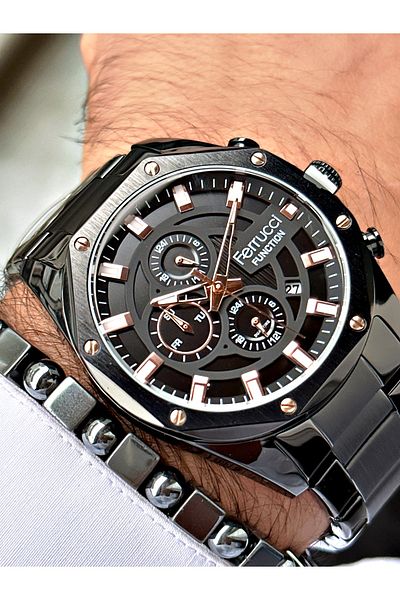 Ferrucci Black Color Functions Active Steel Strap Men's Wristwatch + BRACELET WITH GIFT