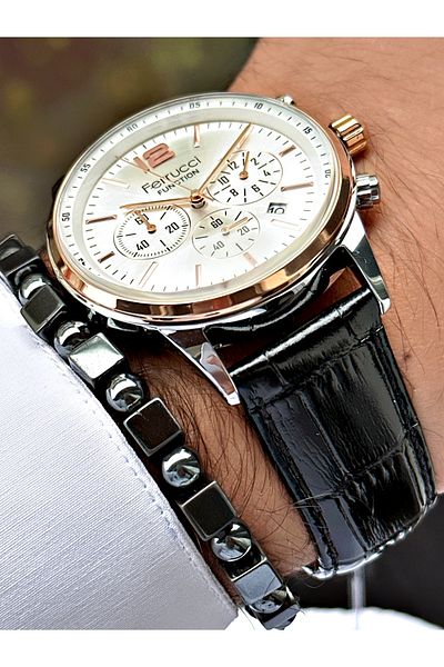 Ferrucci Black Leather Cord Function Men's Wrist Watch + BRACELET GIFT