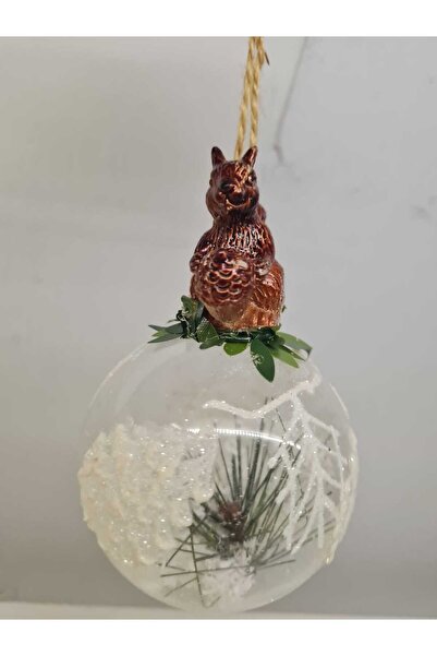 Yılbaşı Süsü Sincaplı Üfleme Cam Küre 8cm x 12,5cm