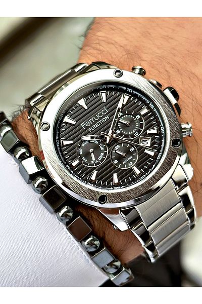 Ferrucci Silver Color Sports Model Steel Cord Men's Wrist Watch + BRACELET GIFT
