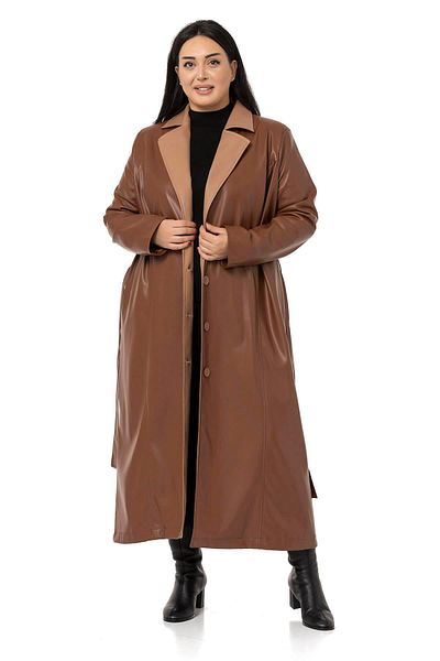 DISENTIS MODEST Plus Size Garnished Side Pocket Lined Leather Brown Long Coat