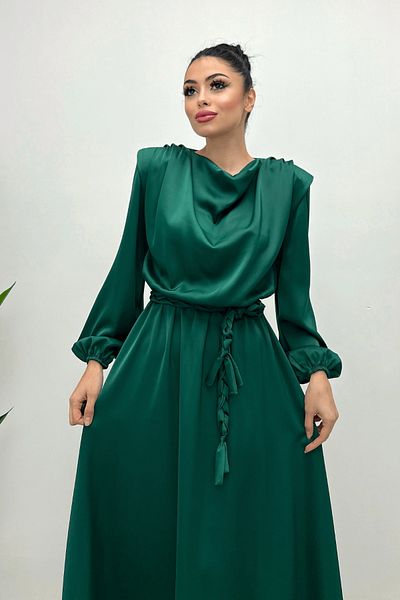 giyimmasalı Gathered Waist Satin Evening Dress - EMERAL GREEN
