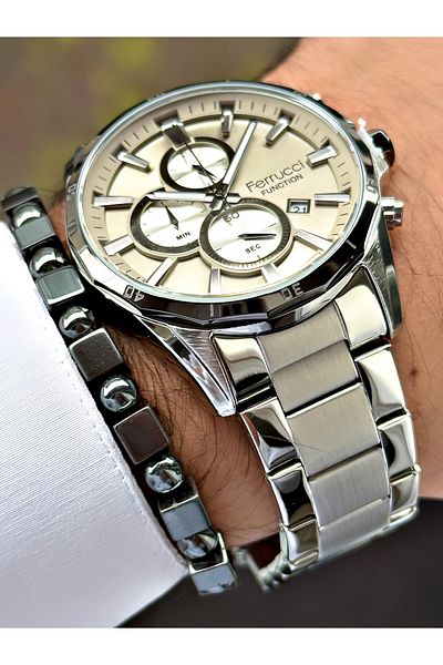 Ferrucci Silver Color Functions Active Sports Men's Wrist Watch + BRACELET GIFT
