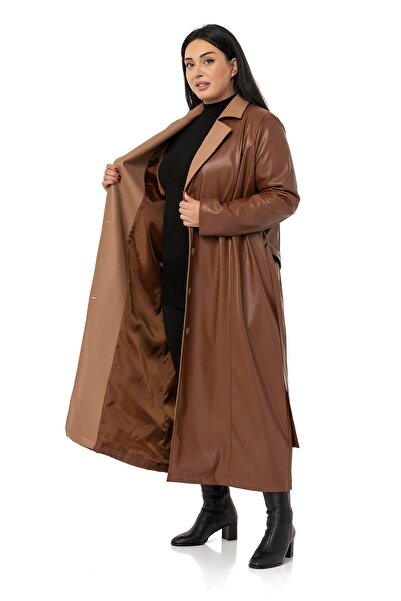 DISENTIS MODEST Plus Size Garnished Side Pocket Lined Leather Brown Long Coat