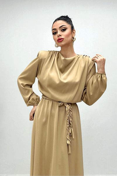 giyimmasalı Gathered Waist Satin Evening Dress - CAMEL