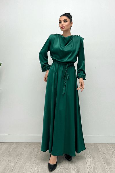 giyimmasalı Gathered Waist Satin Evening Dress - EMERAL GREEN