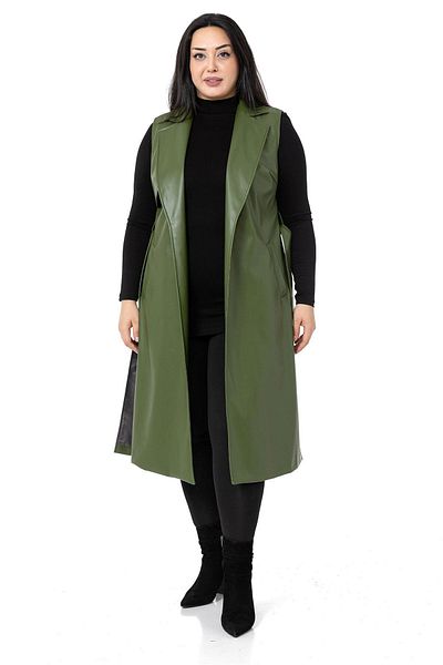 DISENTIS MODEST Large Size Leather Khaki Vest with Windbreaker, Side Slits and Pockets