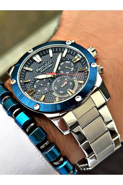 Ferrucci Silver Color Functions Active Sports Model Men's Wrist Watch + BRACELET GIFT