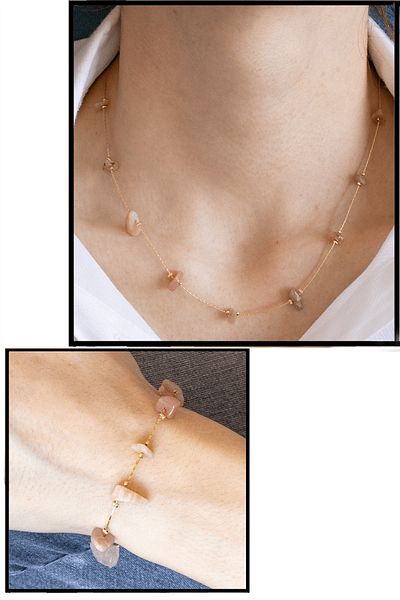 Tesbih Atölyesi Certified Gold Sun Stone Natural Stone Necklace Bracelet Set