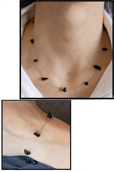 Tesbih Atölyesi Natural Stone Necklace Bracelet Set with Certified Obsidian Stone