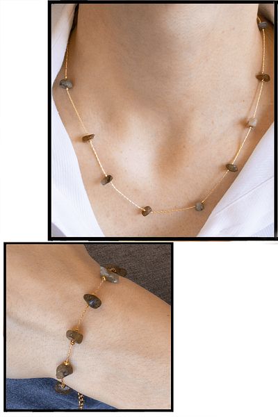 Tesbih Atölyesi Natural Stone Necklace Bracelet Set with Certified Labradorite Stone