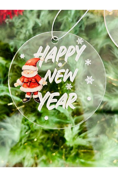 Hediyenikap Happy New Year Written Christmas Tree Ornament - 8*8 cm Transparent Plexi