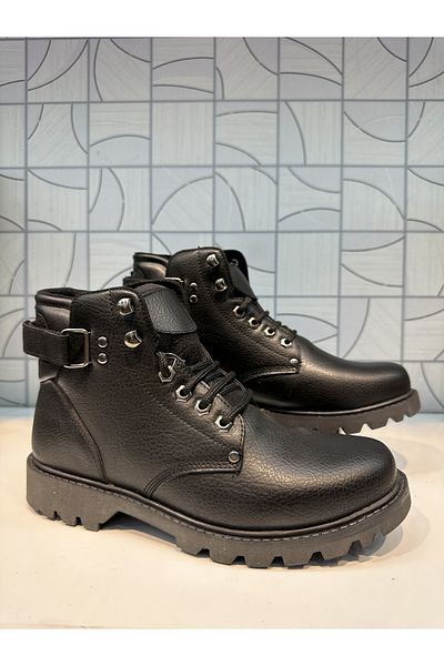 Vanotte 8020 Cizme de zi cu zi, unisex, piele neagră, cauciuc, talpă anti-alunecare, căptușeală caldă