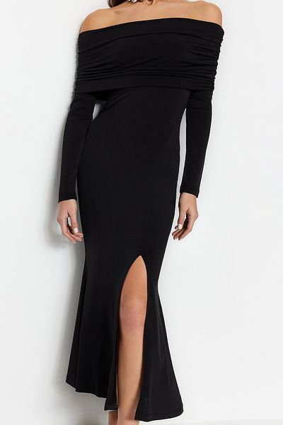 Trendyol Collection Černý límec Carmen Stylové večerní šaty Noční šaty pro návrat domů TPRAW24EL00296