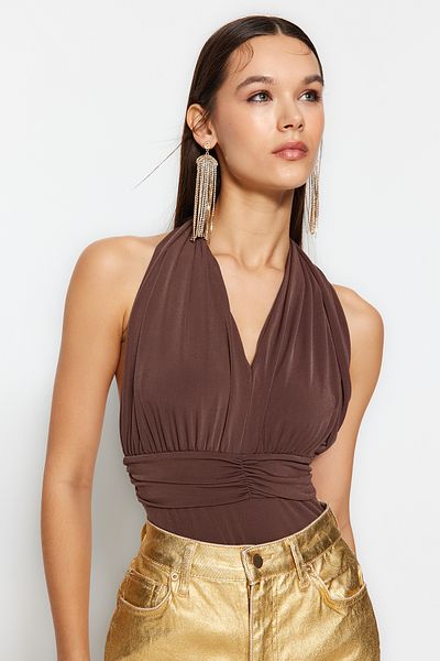Trendyol Collection Плетено боди - кафяво, набрано, вталено TPRSS21BD0126