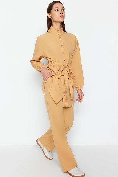 Trendyol Modest Dark Beige Stand-Up Collar Belted Shirt-Trousers Woven Suit TCTSS21AU0247