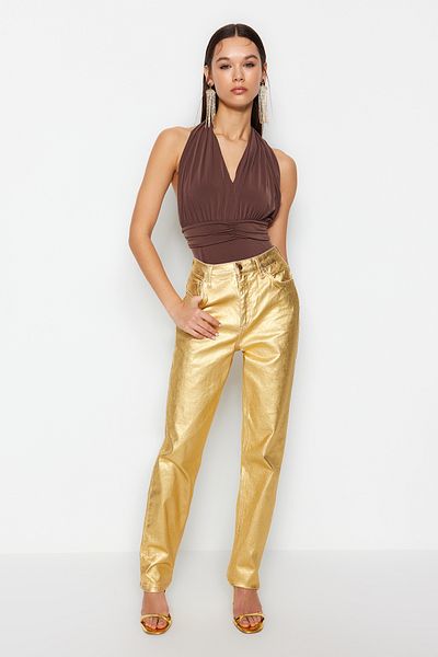 Trendyol Collection Плетено боди - кафяво, набрано, вталено TPRSS21BD0126
