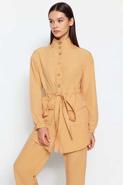 Trendyol Modest Dark Beige Stand-Up Collar Belted Shirt-Trousers Woven Suit TCTSS21AU0247