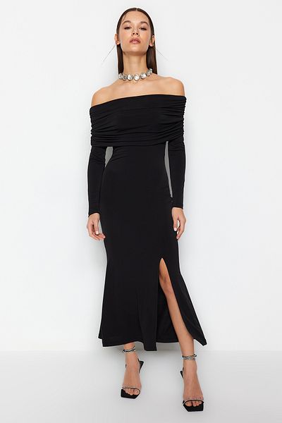 Trendyol Collection Černý límec Carmen Stylové večerní šaty Noční šaty pro návrat domů TPRAW24EL00296