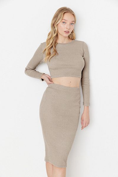 Trendyol Collection Stone Crop Crew Neck bordázott, rugalmas kötött felső és alsó készlet TWOAW22AU0496