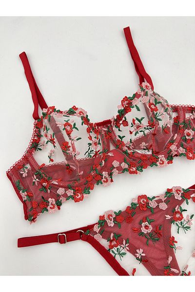 ARONA Balenli Red Green Flowery Brode Bra Set