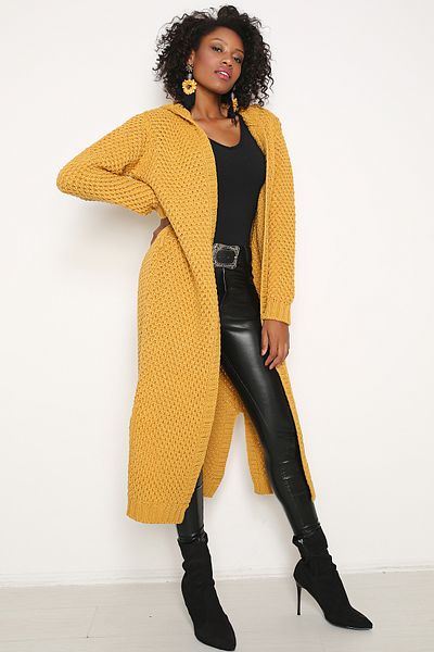 AVORWE Hooded Solid Brass Knitted Slit Open Front Women's Knitwear Cardigan